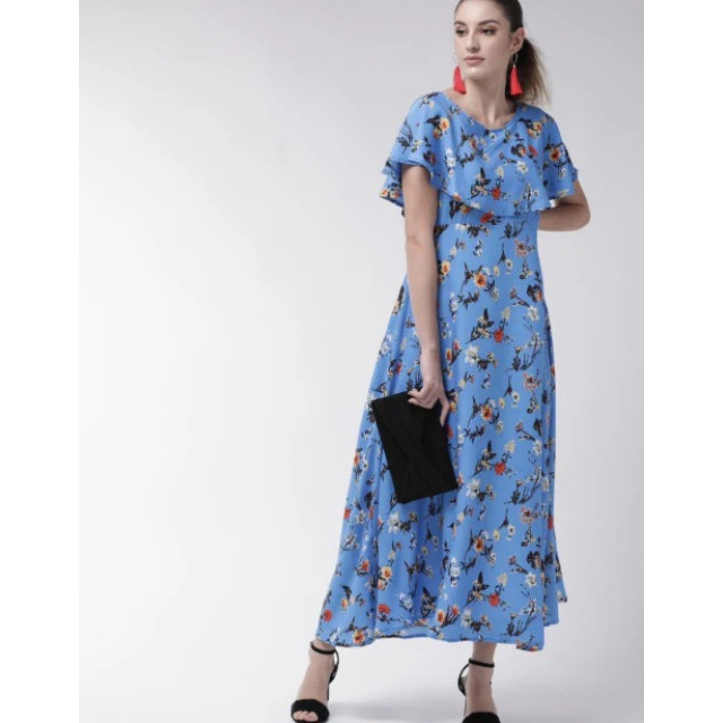 Women Blue Cape Sleeve Maxi Dress