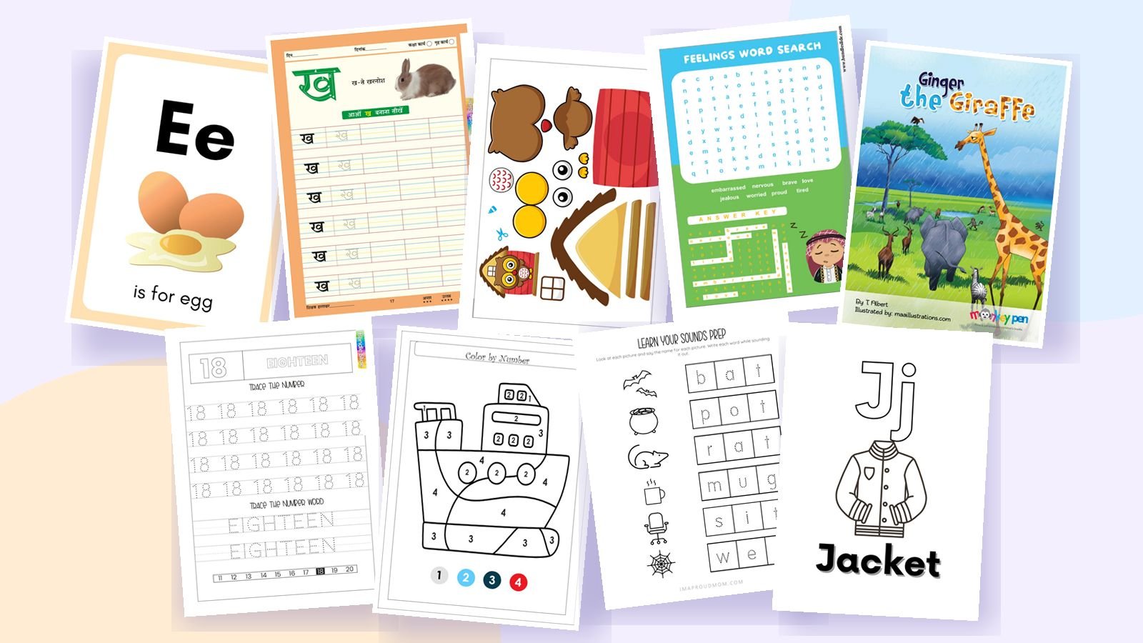 A spread of OMG Deals printable worksheets — alphabet, numbers, colouring, cut-and-glue and puzzle pages