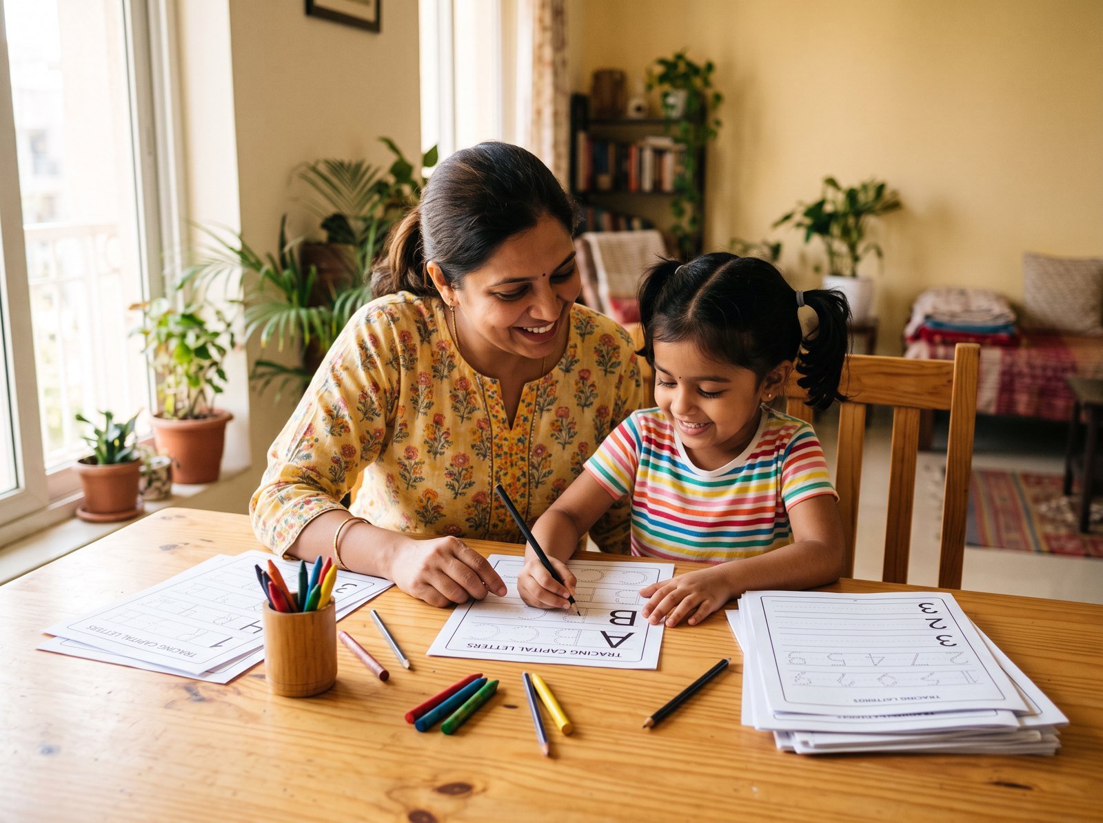 A mother and her young daughter tracing letters together on printed Omg Deals worksheets at a sunlit table