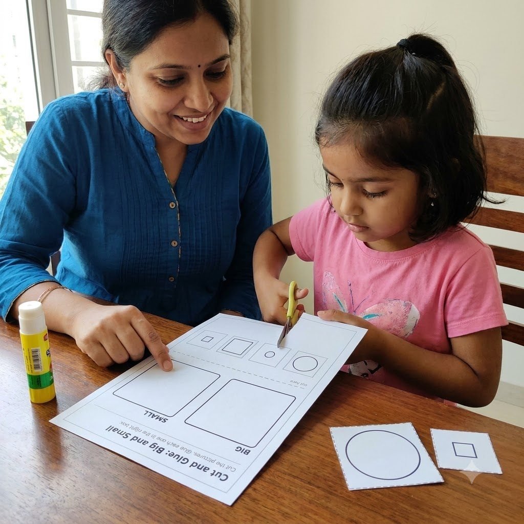A girl cutting out shapes from a cut-and-glue worksheet while her mother points to the page