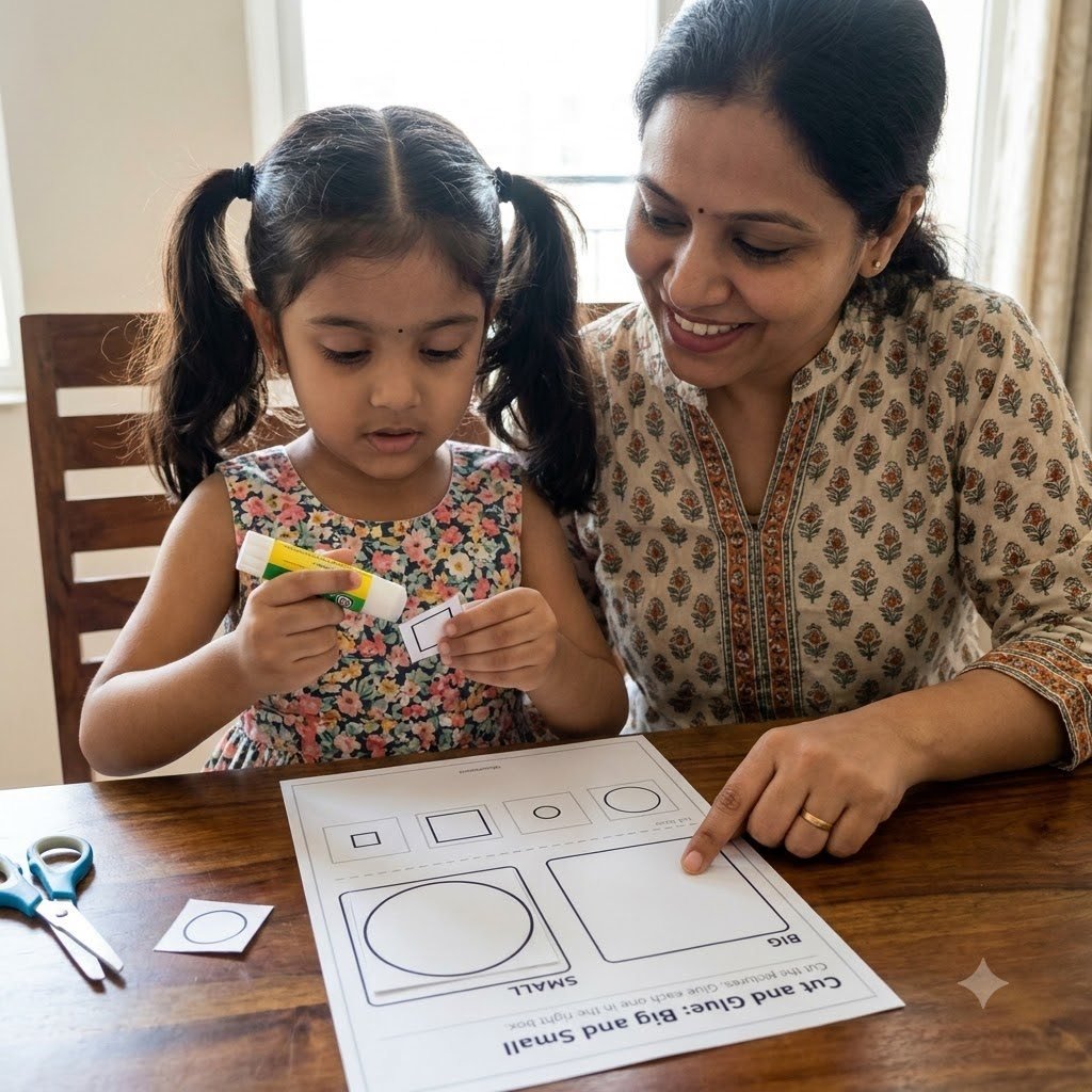 A young girl gluing a cut-out square onto a big-and-small sorting worksheet