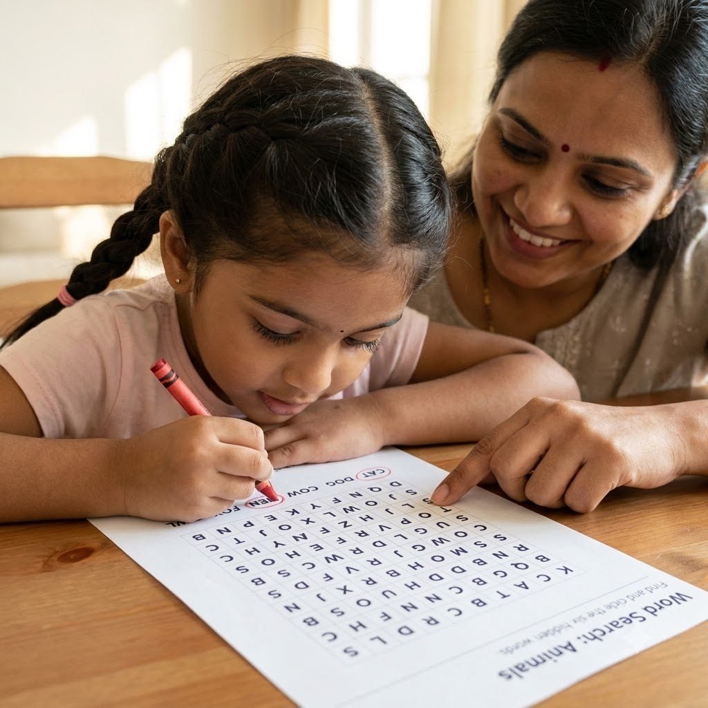 A girl circling hidden animal words on a word search worksheet with a red crayon