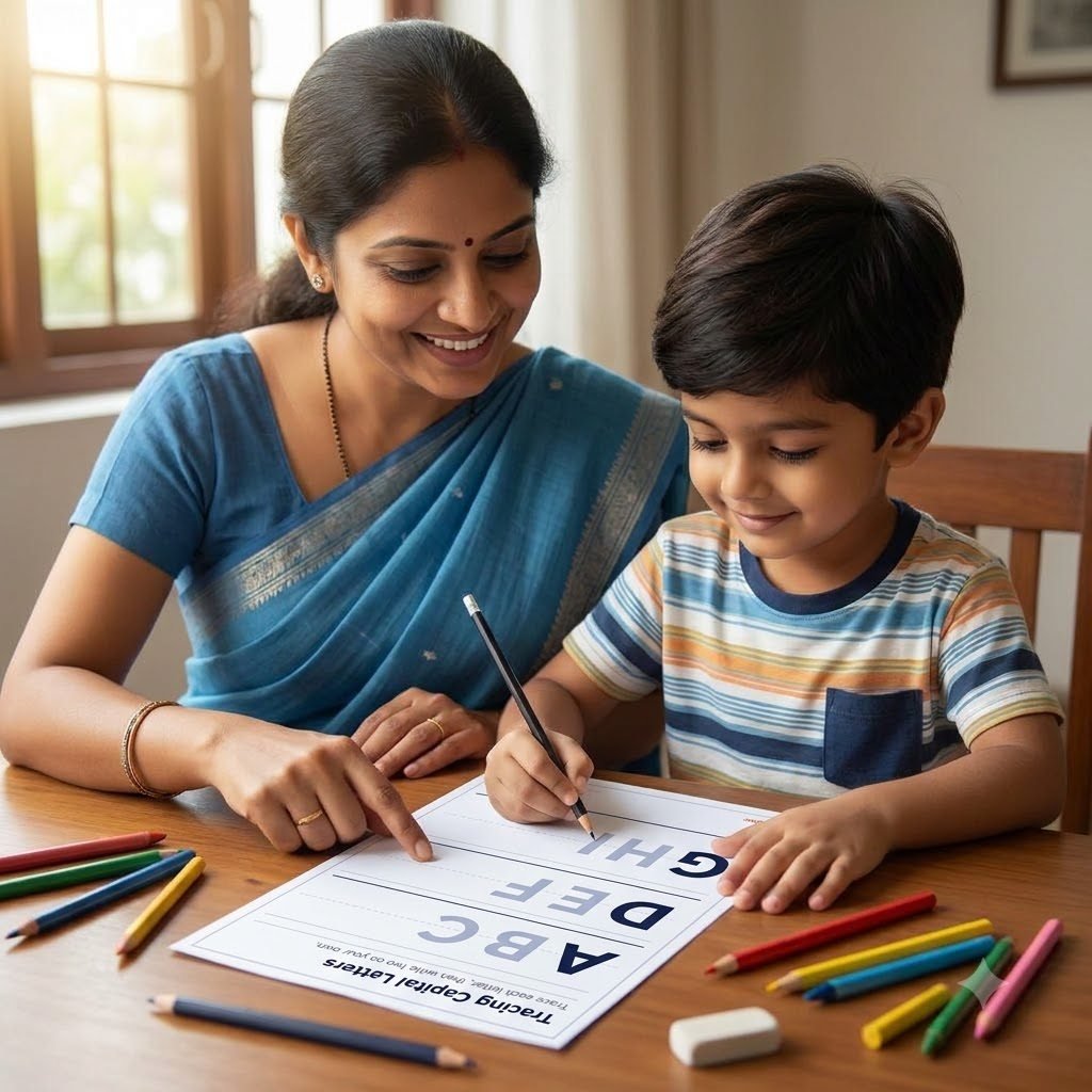A boy tracing capital letters A B C with a pencil beside his mother