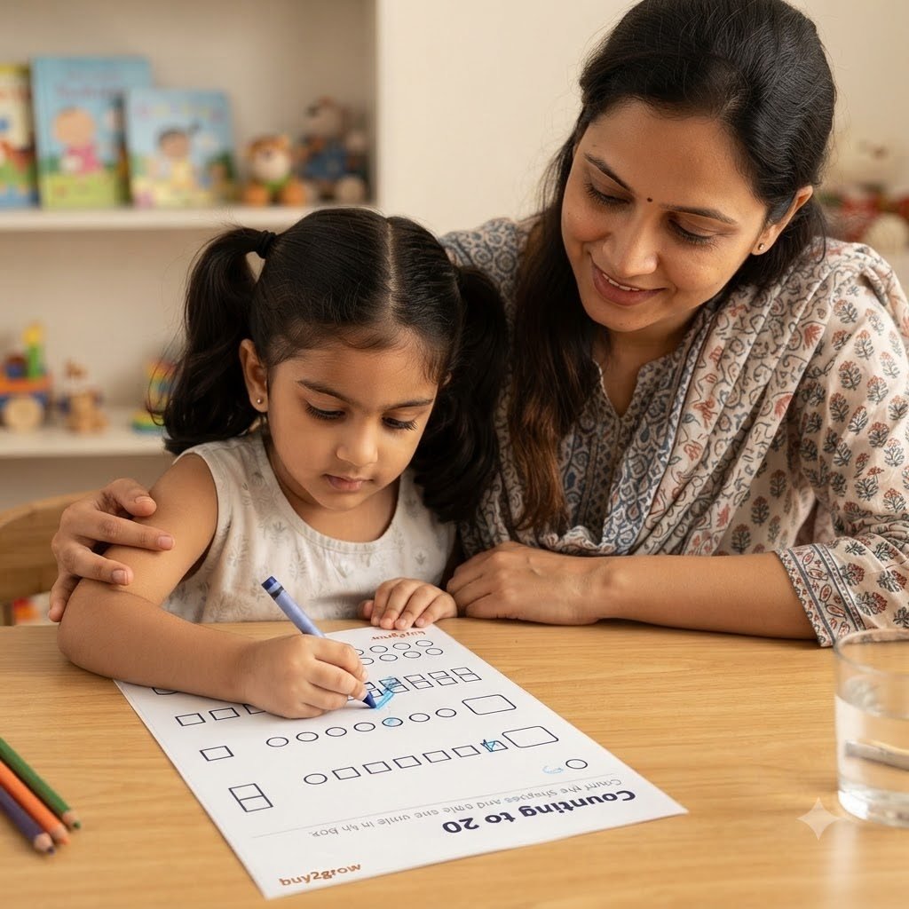 A girl counting shapes and writing the number on a counting worksheet