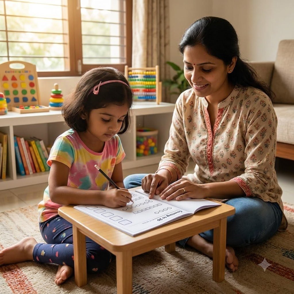 A mother and daughter working through a counting worksheet at a low table at home
