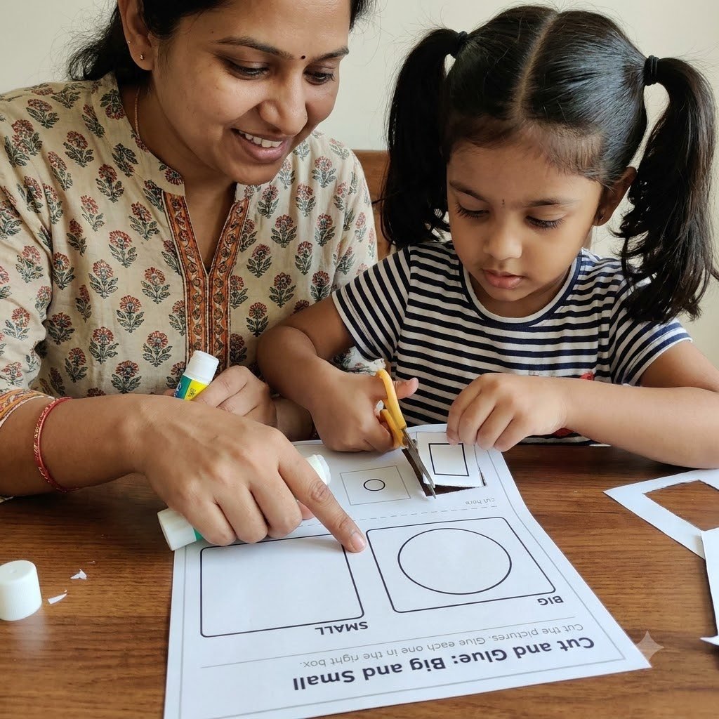 A girl using scissors on a cut-and-glue worksheet with her mother guiding her