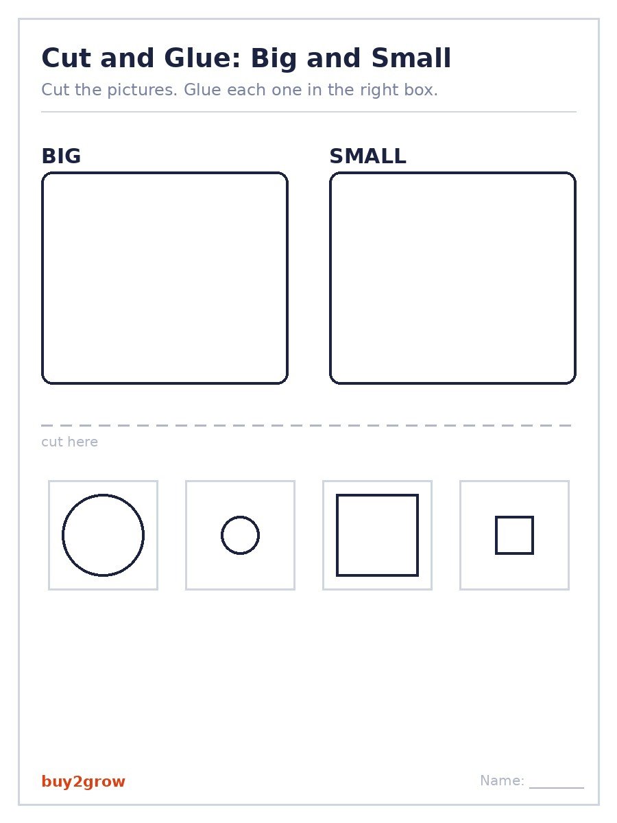 Cut and glue sorting worksheet with big and small boxes