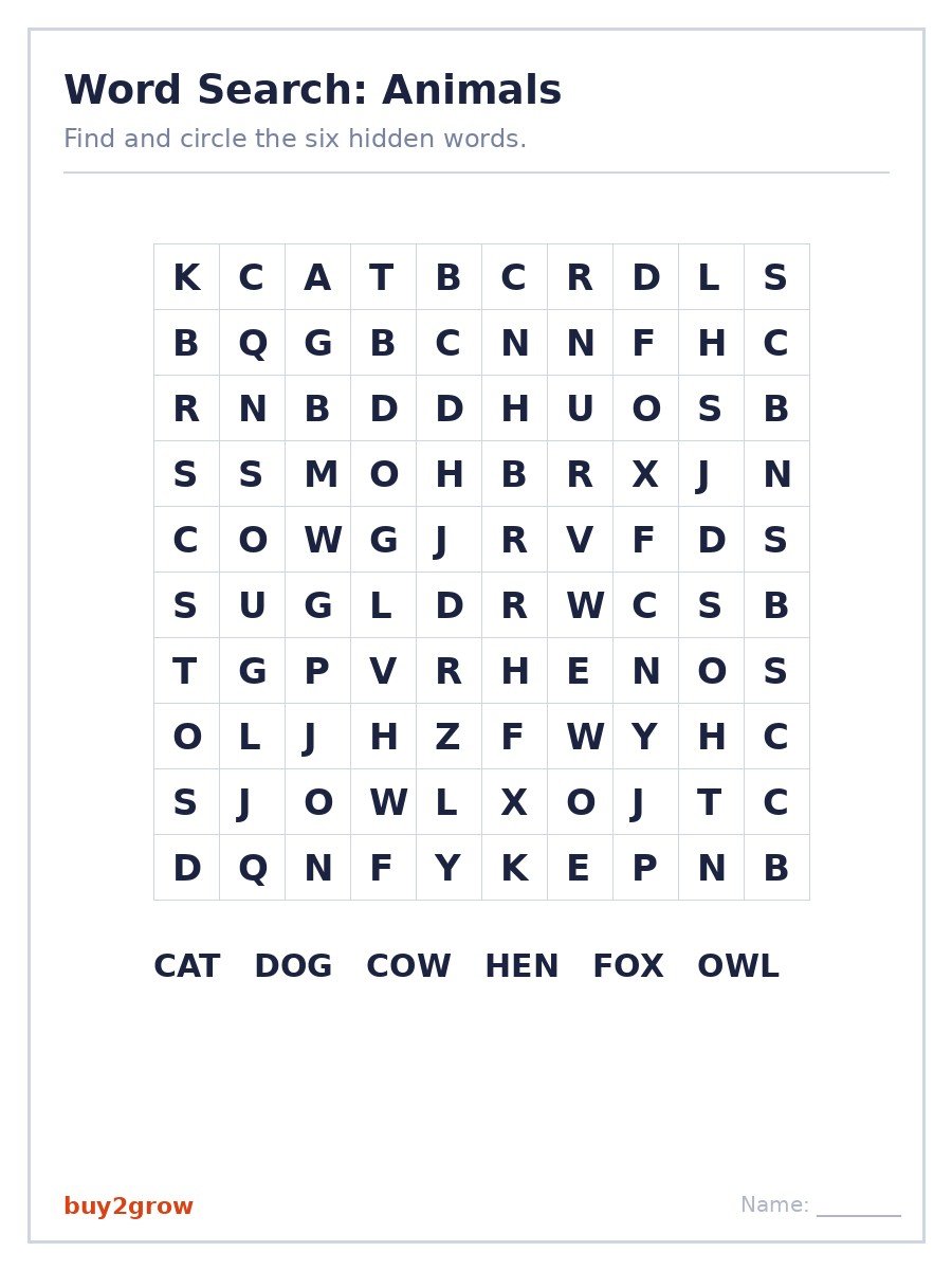 Animal word search puzzle worksheet with a letter grid