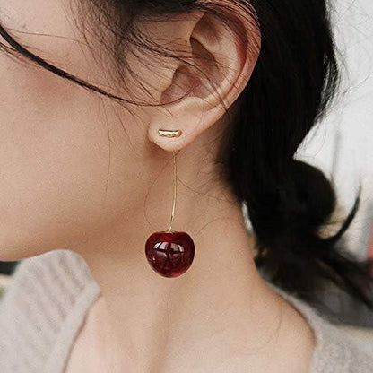 3D Red Cherry Drop Earrings Fruit Gold Dangle - OMG! Deals