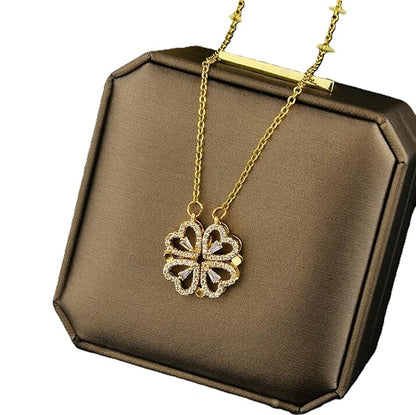 MAGNET HEART Gold-Plated Clover Flower Heart Magnet Necklace