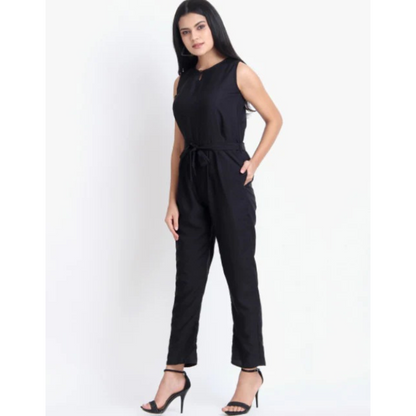 Women Casual Solid Black Sleeveless Full Length Crepe Jumpsuit