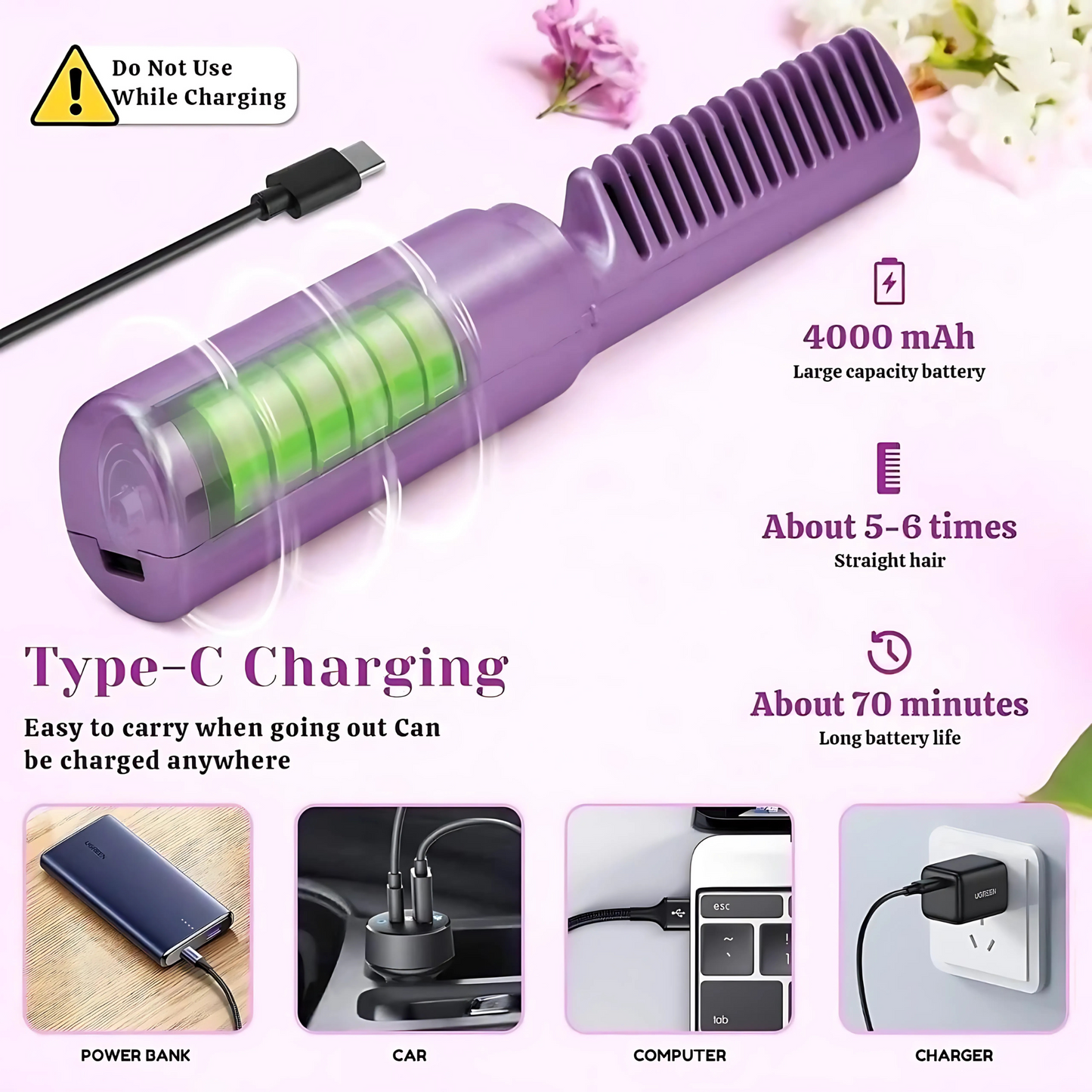 Portable Mini Hair Straightener Cordless Rechargeable Mini Hair Straightener Comb