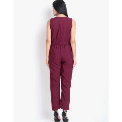 Women Casual Solid Maroon Sleeveless Full Length Crepe Jumpsuit