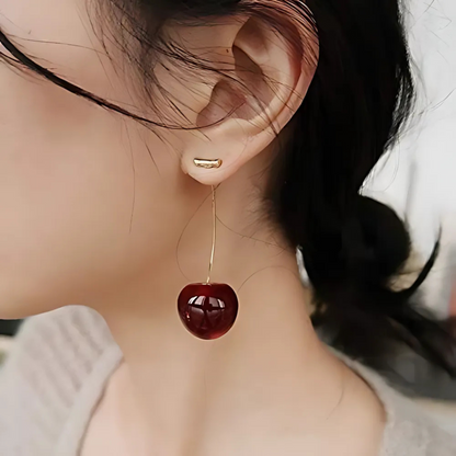 3D Red Cherry Drop Earrings Fruit Gold Dangle