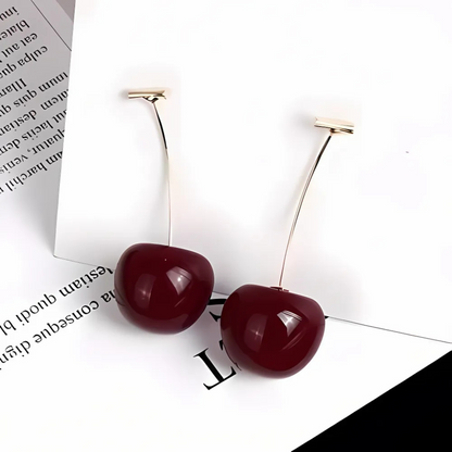 3D Red Cherry Drop Earrings Fruit Gold Dangle