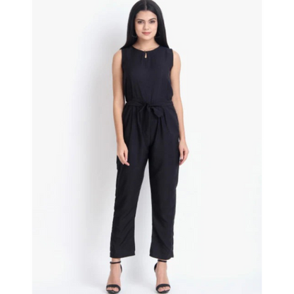 Women Casual Solid Black Sleeveless Full Length Crepe Jumpsuit