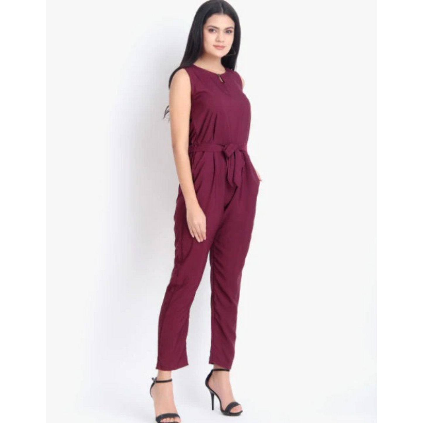 Women Casual Solid Maroon Sleeveless Full Length Crepe Jumpsuit