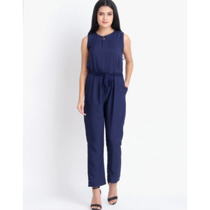 Women Casual Solid Blue Sleeveless Full Length Crepe Jumpsuit