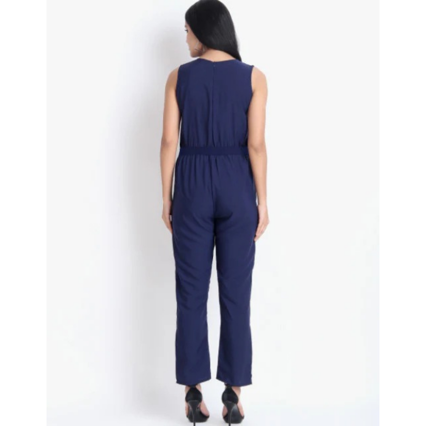 Women Casual Solid Blue Sleeveless Full Length Crepe Jumpsuit