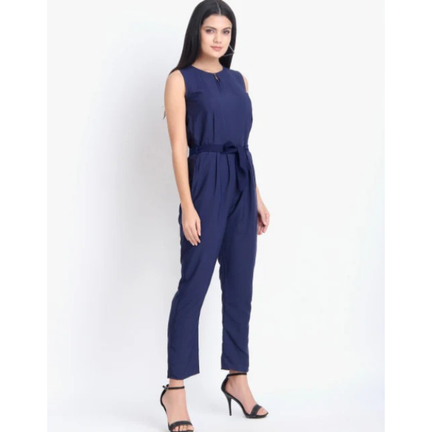 Women Casual Solid Blue Sleeveless Full Length Crepe Jumpsuit