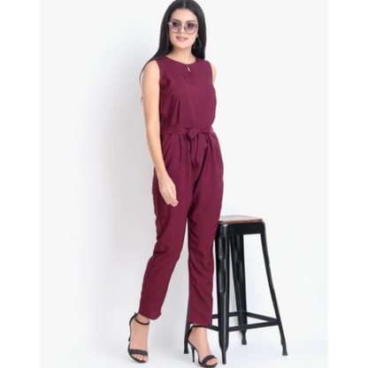 Women Casual Solid Maroon Sleeveless Full Length Crepe Jumpsuit