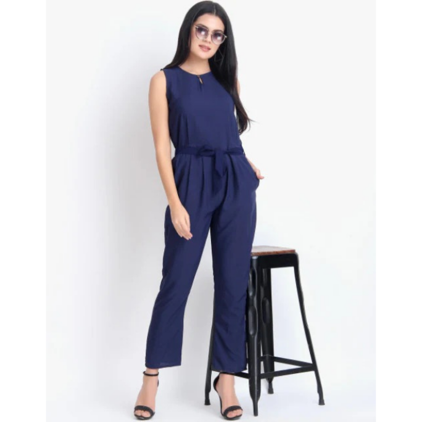 Women Casual Solid Blue Sleeveless Full Length Crepe Jumpsuit