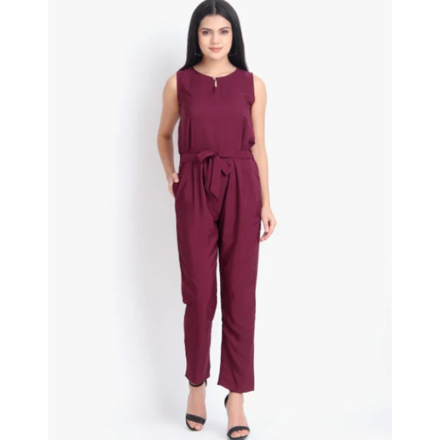 Women Casual Solid Maroon Sleeveless Full Length Crepe Jumpsuit