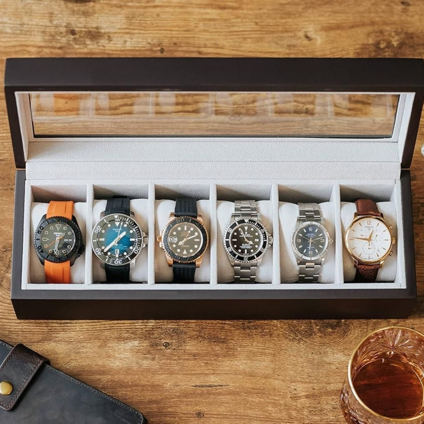 Wood Watch Box with Glass Display Organizer