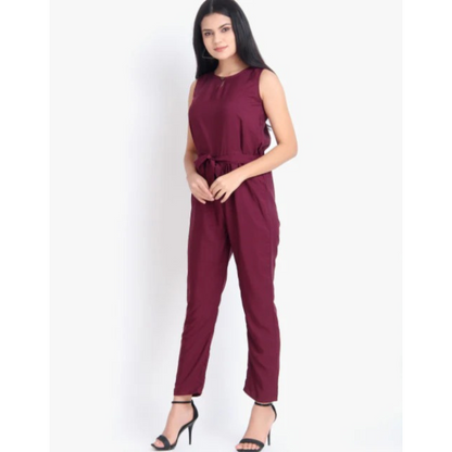 Women Casual Solid Maroon Sleeveless Full Length Crepe Jumpsuit