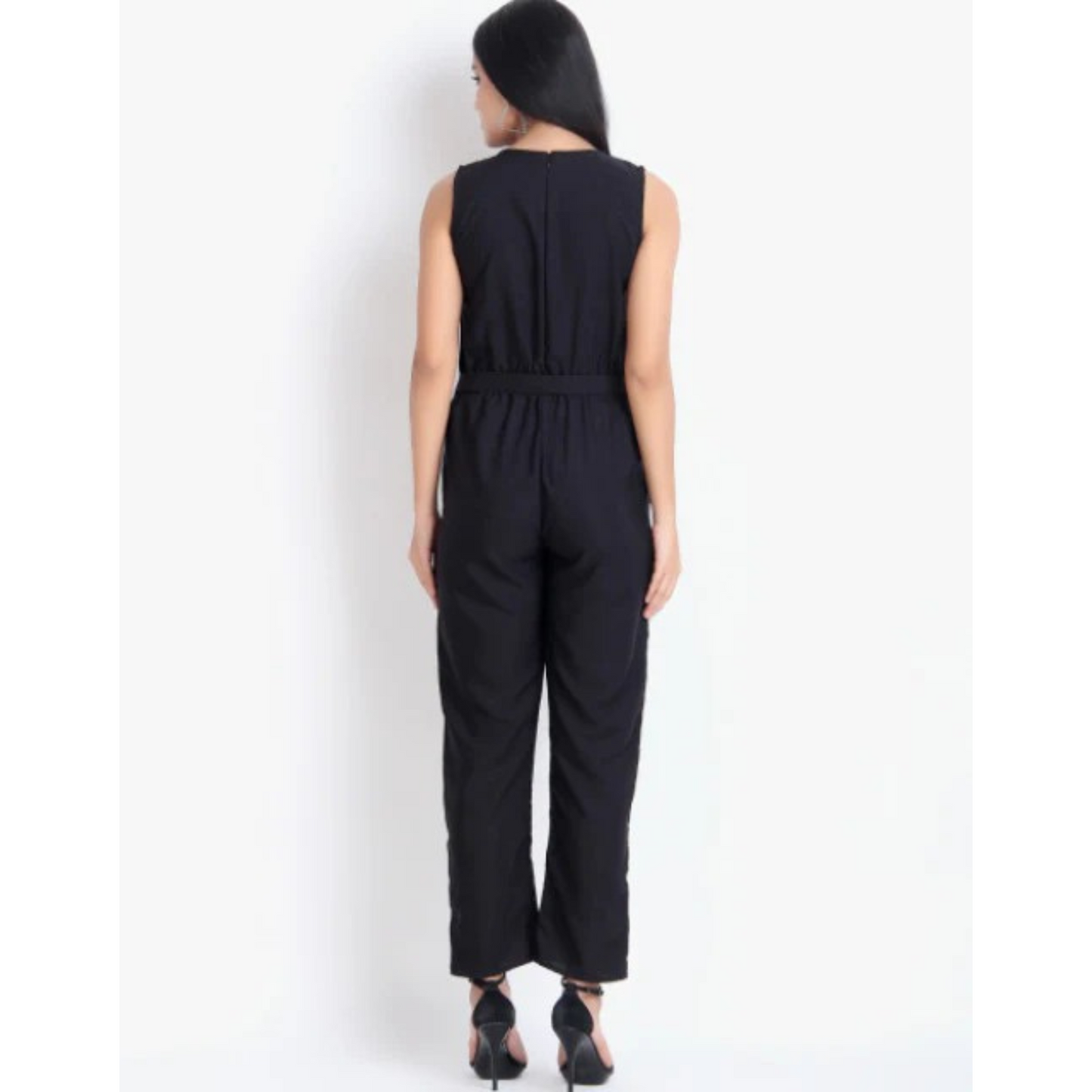 Women Casual Solid Black Sleeveless Full Length Crepe Jumpsuit