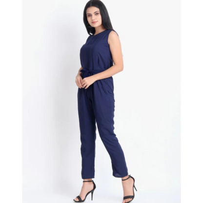 Women Casual Solid Blue Sleeveless Full Length Crepe Jumpsuit