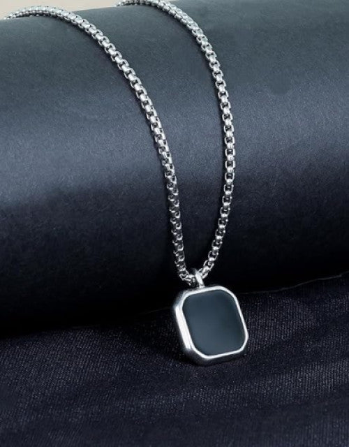 Sterling Silver Black Square Stone-Studded Pendant with Chain