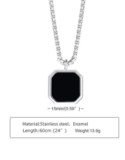 Sterling Silver Black Square Stone-Studded Pendant with Chain