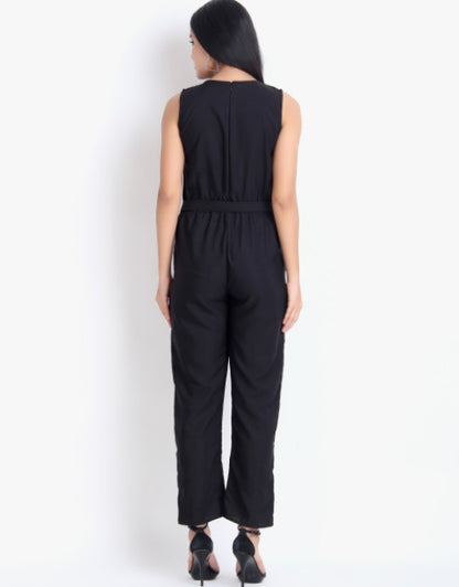 Women Casual Solid Black Sleeveless Full Length Crepe Jumpsuit