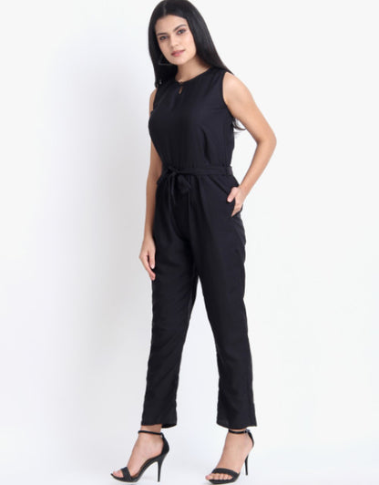 Women Casual Solid Black Sleeveless Full Length Crepe Jumpsuit