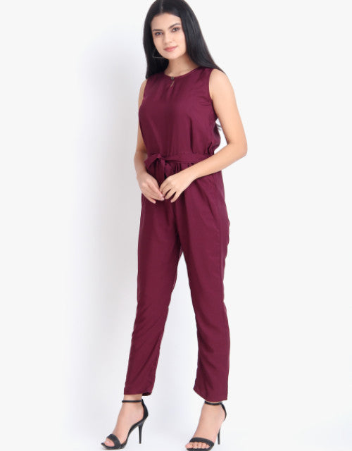 Women Casual Solid Maroon Sleeveless Full Length Crepe Jumpsuit